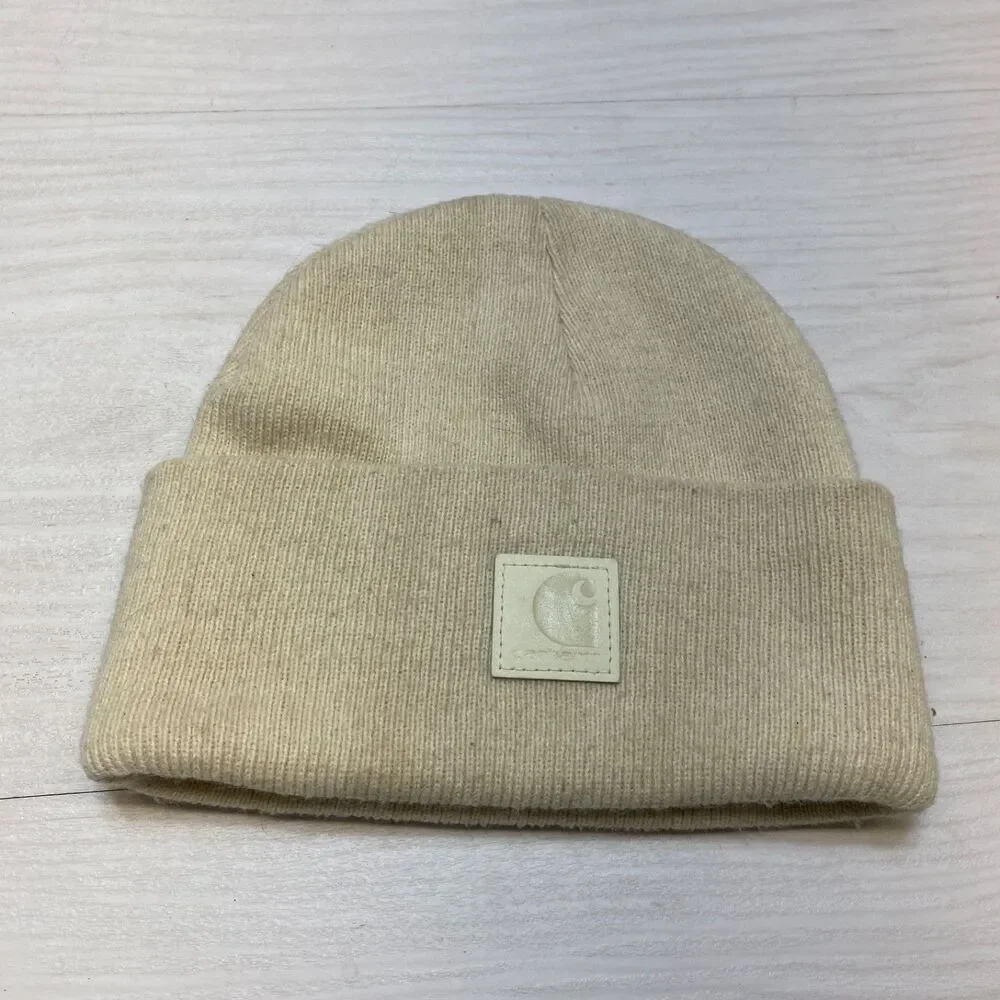 Carhartt Youth Kids‎ One Size Beanie Winter Hat Ivory Acrylic Folded Cuff Logo